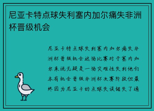 尼亚卡特点球失利塞内加尔痛失非洲杯晋级机会